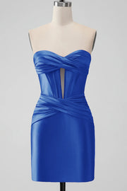 Keyhole Strapless Sweetheart Short Ocean Blue Satin Homecoming Dresses