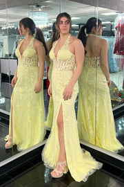 Daffodil Halter V-Neck Mermaid Sleeveless Tulle Party Dresses with Appliques