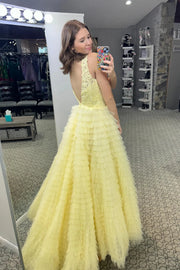 Daffodil V-Neck A-Line Tulle Ruffles Long Prom Dresses with Appliques