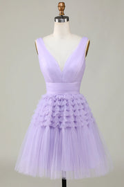 Purple Chic V-Neck Tiered Tulle A-Line Homecoming Dresses